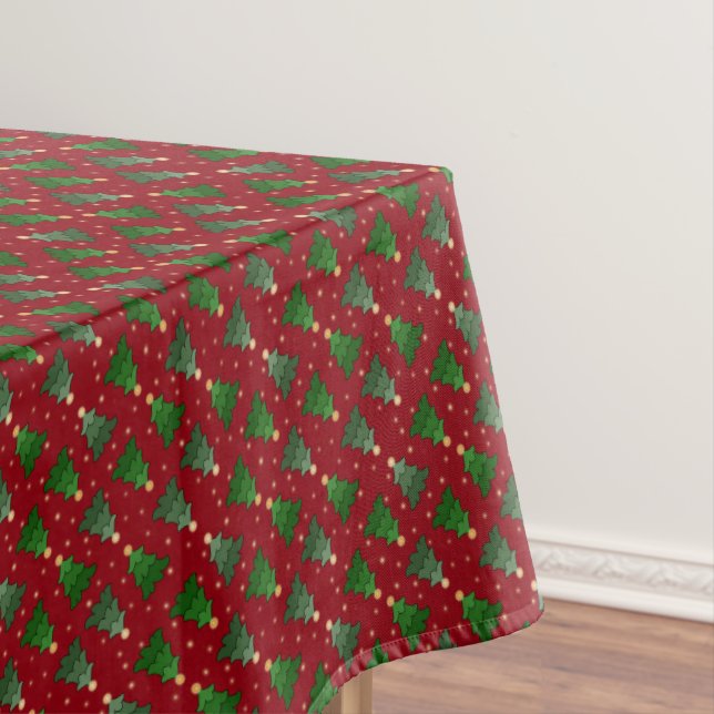 Diagonal Christmas Trees with Stars on Custom Red Tablecloth (In Situ)