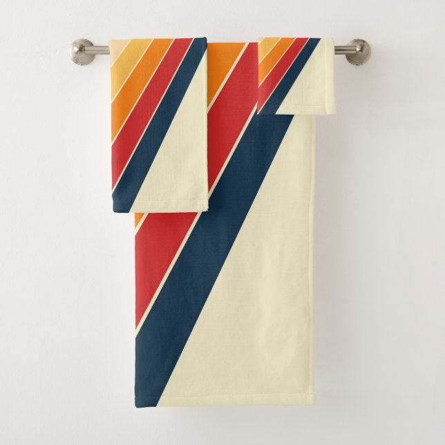 Diagonal colourful retro style sun rays bath towel set (Insitu)