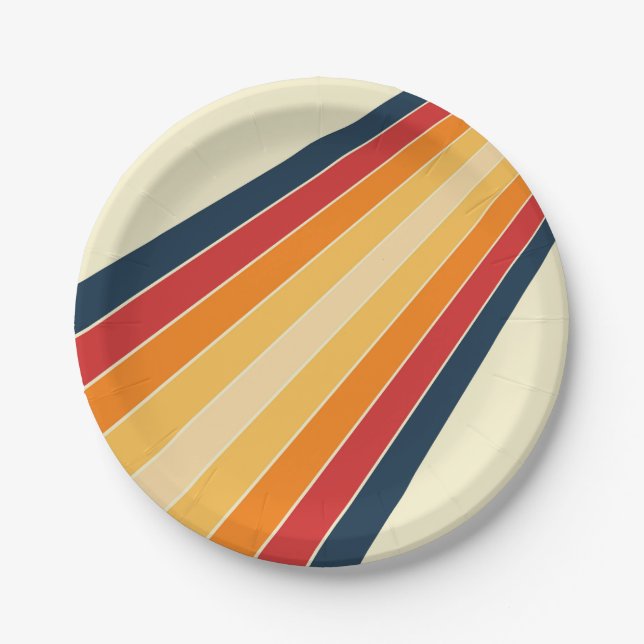 Diagonal colourful retro style sun rays paper plate (Front)
