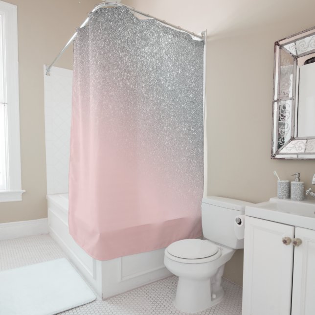 Diagonal Girly Silver Blush Pink Ombre Gradient Shower Curtain (In Situ)