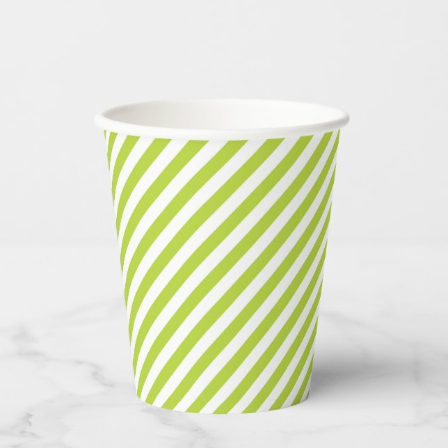 Diagonal lime green and white stripes pattern paper cups (Front)