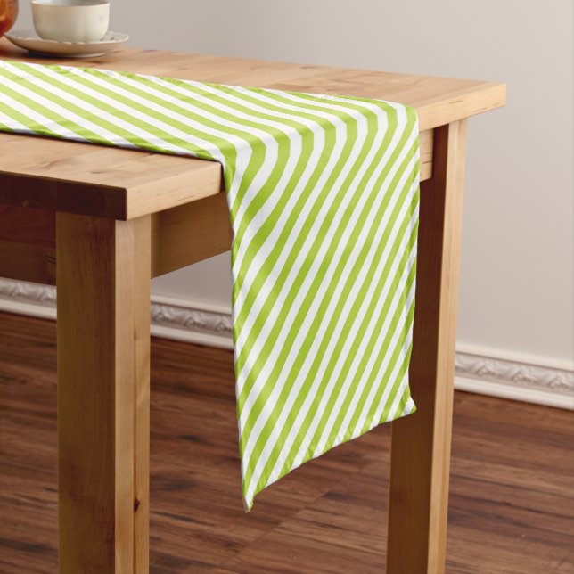 Diagonal lime green and white stripes pattern short table runner (In Situ)