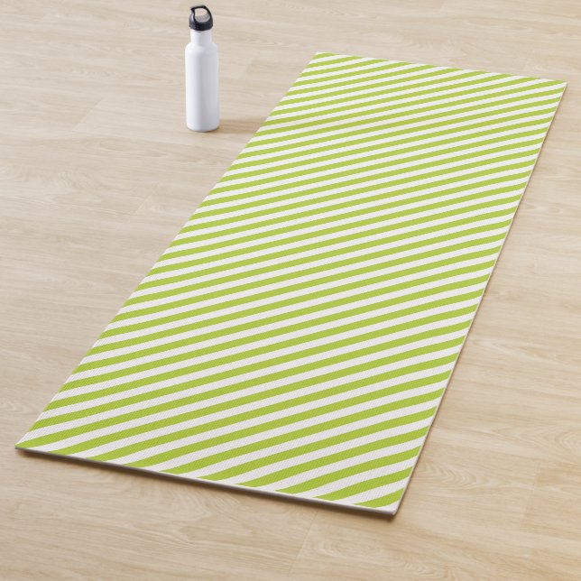 Diagonal lime green and white stripes pattern yoga mat (In Situ)