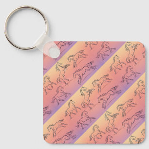 Diagonal Line Art Horse Pattern Galloping Horses Key Ring