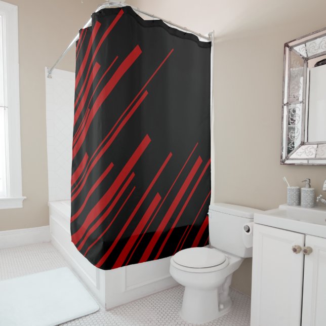 Diagonal Lines in Red and Black Shower Curtain (In Situ)