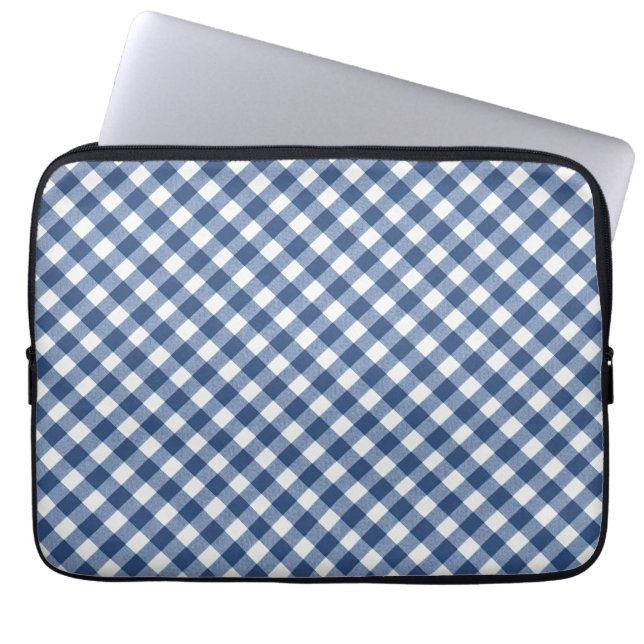 Diagonal Navy Blue and Ivory Gingham Laptop Sleeve (Front)