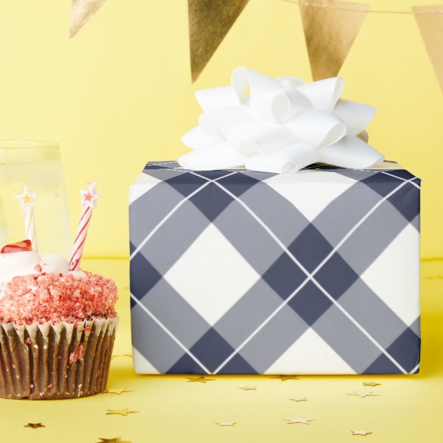 Diagonal Navy Blue and White Plaid Pattern Wrapping Paper (Birthday Party)