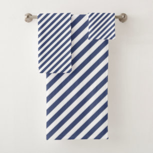 Diagonal navy blue and white stripes pattern bath towel set