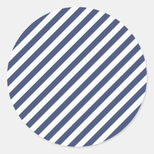 Diagonal navy blue and white stripes pattern classic round sticker