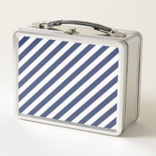 Diagonal navy blue and white stripes pattern metal lunch box