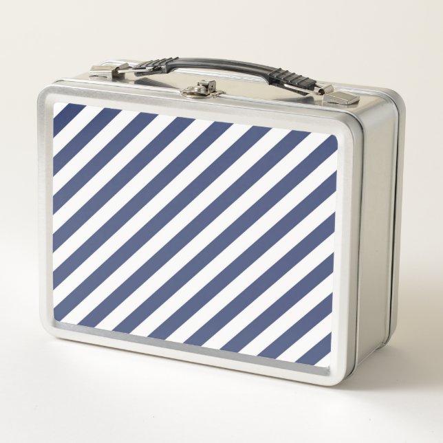 Diagonal navy blue and white stripes pattern metal lunch box (Front)