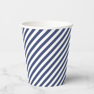 Diagonal navy blue and white stripes pattern paper cups