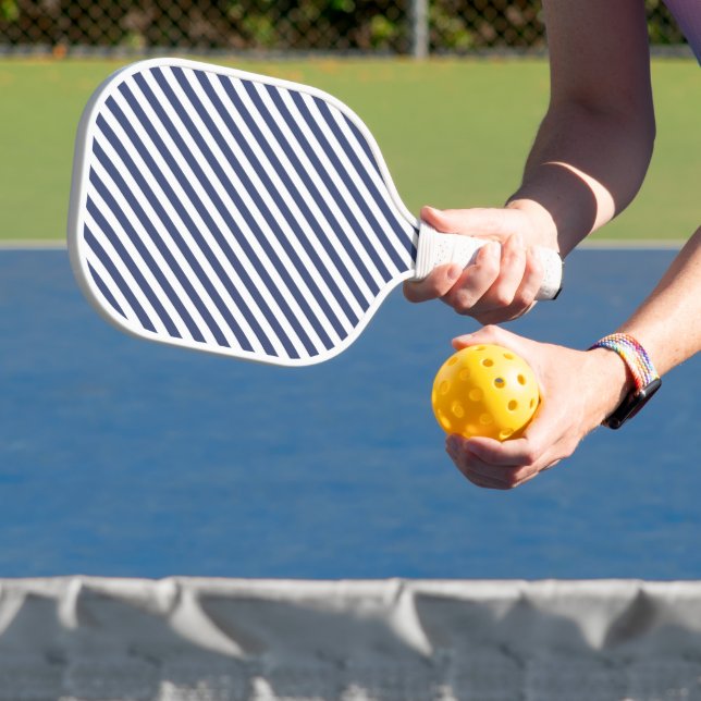 Diagonal navy blue and white stripes pattern pickleball paddle (Insitu)