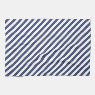 Diagonal navy blue and white stripes pattern tea towel