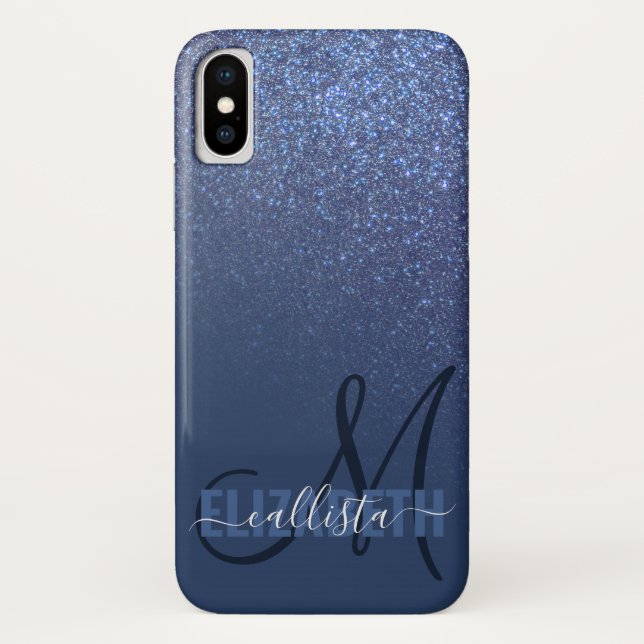 Diagonal Navy Blue Glitter Gradient Ombre Monogram Case-Mate iPhone Case (Back)