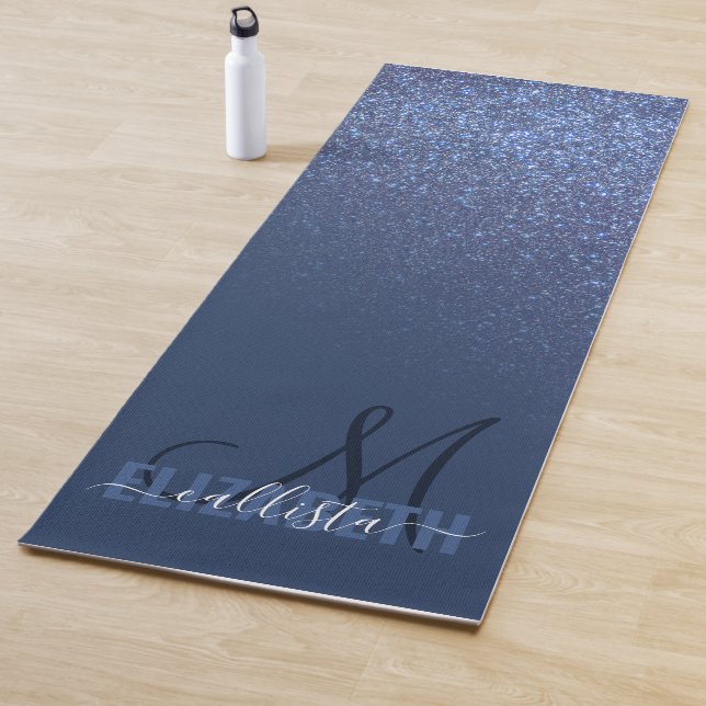 Diagonal Navy Blue Glitter Gradient Ombre Monogram Yoga Mat (In Situ)