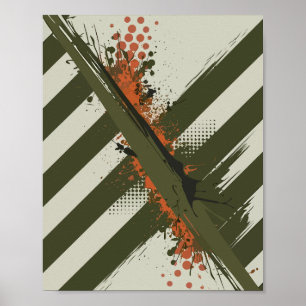 Diagonal Olive Stripes with Orange Splashes Poster
