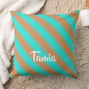 Diagonal orange and blue neon glow stripes cushion