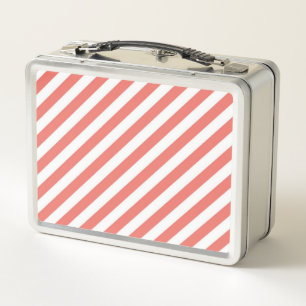 Diagonal pattern of pink and white stripes metal lunch box