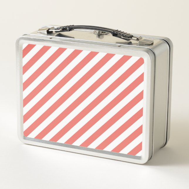 Diagonal pattern of pink and white stripes metal lunch box (Back)