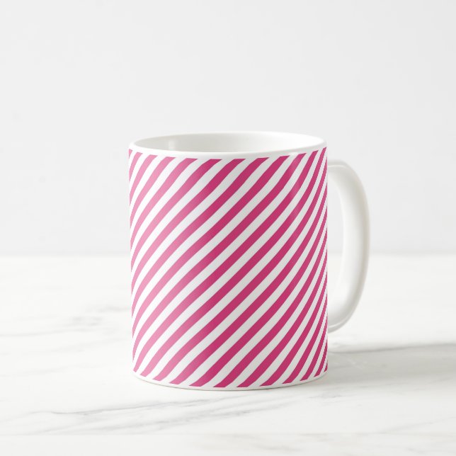 Diagonal pink and white stripes pattern coffee mug (Front Right)