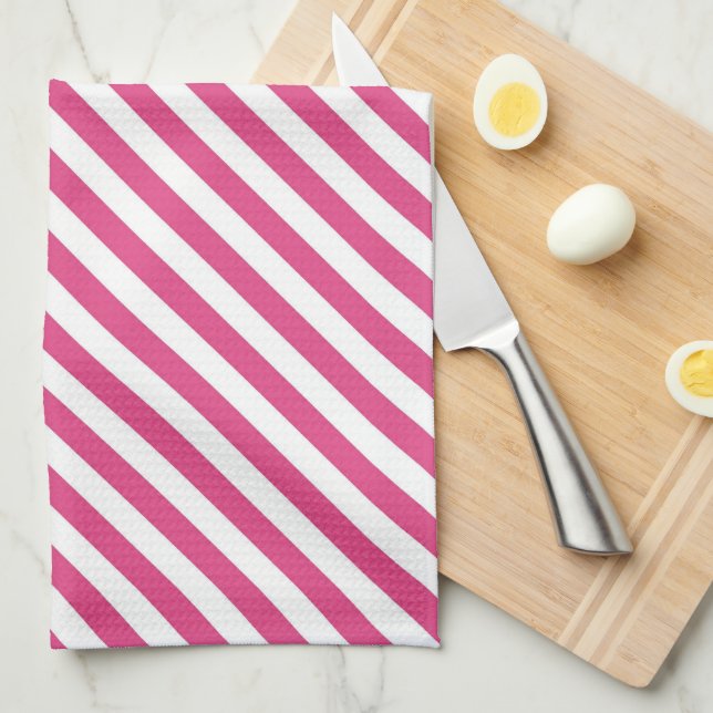 Diagonal pink and white stripes pattern tea towel (Quarter Fold)