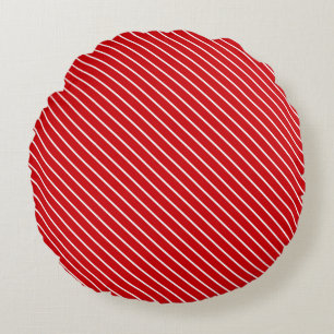Diagonal pinstripes - deep red and white round cushion