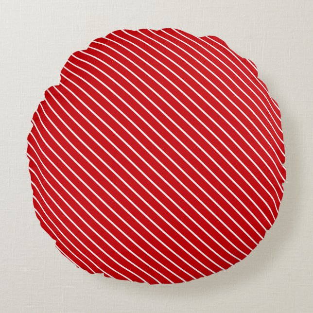 Diagonal pinstripes - deep red and white round cushion (Front)