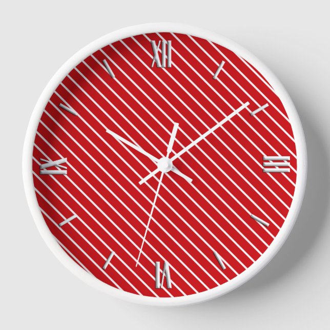 Diagonal pinstripes - deep red and white wall clock (Front)