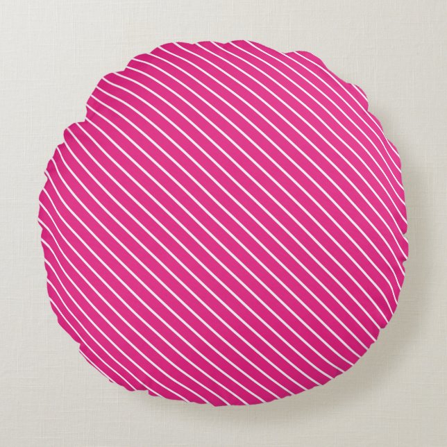 Diagonal pinstripes - fuchsia pink and white round cushion (Front)