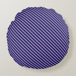 Diagonal pinstripes - navy blue and white round cushion