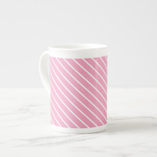 Diagonal pinstripes - shell pink and white bone china mug