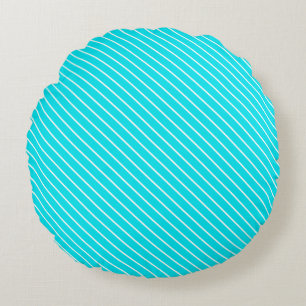 Diagonal pinstripes - turquoise and white round cushion