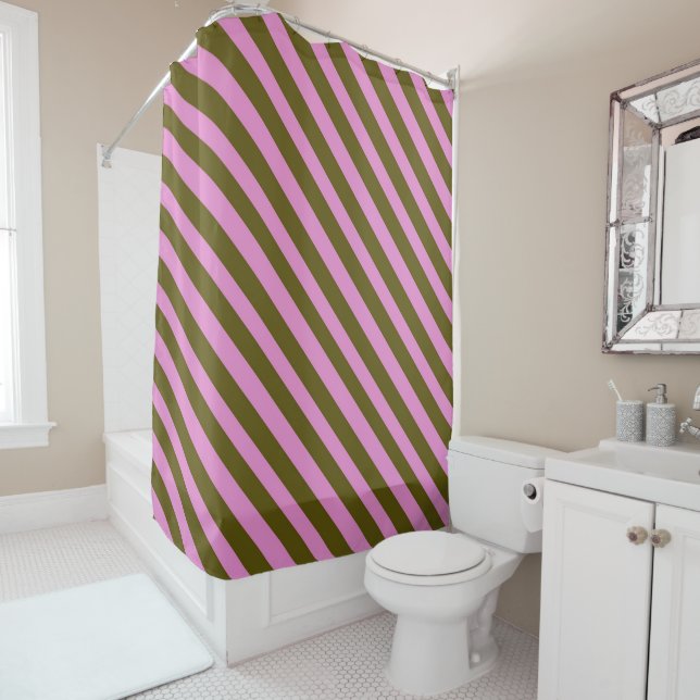 Diagonal Purple Green Retro Stripe Pattern Spring  Shower Curtain (In Situ)
