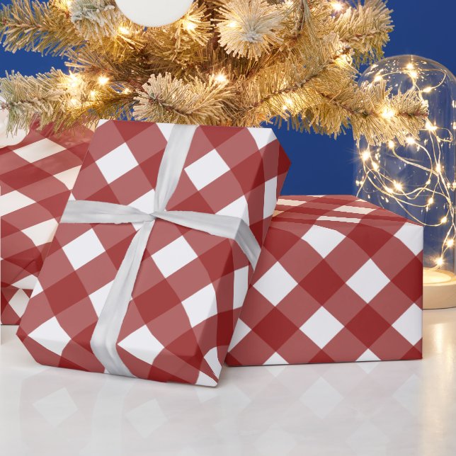 Diagonal Red and White Buffalo Plaid Wrapping Paper (Holidays)