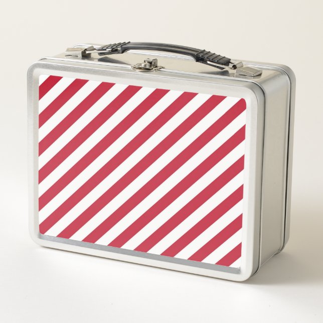 Diagonal red and white stripes pattern metal lunch box (Front)