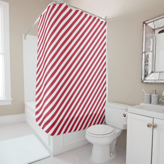 Diagonal red and white stripes pattern shower curtain (In Situ)