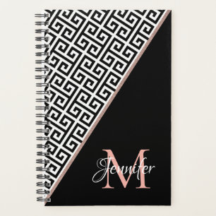 Diagonal Rose Gold Foil Greek Key Black Monogram Planner