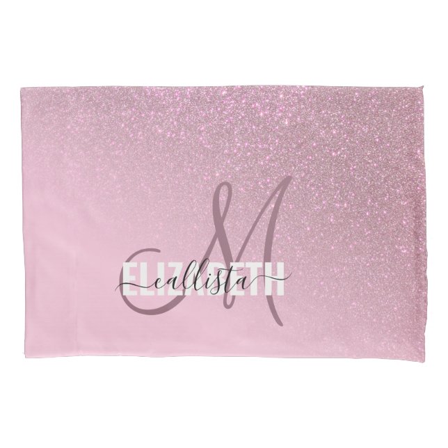 Diagonal Rose Pink Glitter Gradient Ombre Monogram Pillowcase (Front)