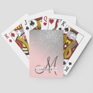Diagonal Silver Blush Pink Ombre Gradient Monogram Playing Cards
