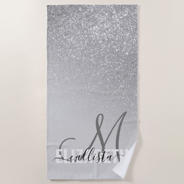Diagonal Silver Glitter Gradient Ombre Monogram Beach Towel (Front)