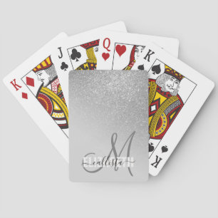 Diagonal Silver Glitter Gradient Ombre Monogram Playing Cards