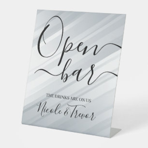Diagonal Silver Lines Wedding Open Bar Pedestal Sign