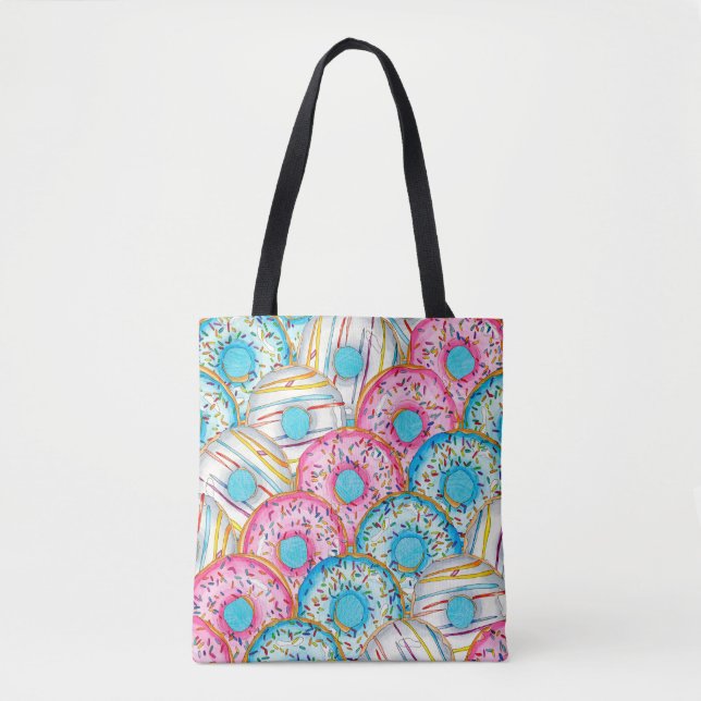 Diagonal Stacked Watercolor Doughnuts on Aqua  Tote Bag (Front)