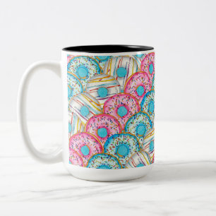 Diagonal stacked watercolor doughnuts on teal Two-Tone coffee mug