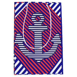 Diagonal Stripe Blue Anchor Medium Gift Bag