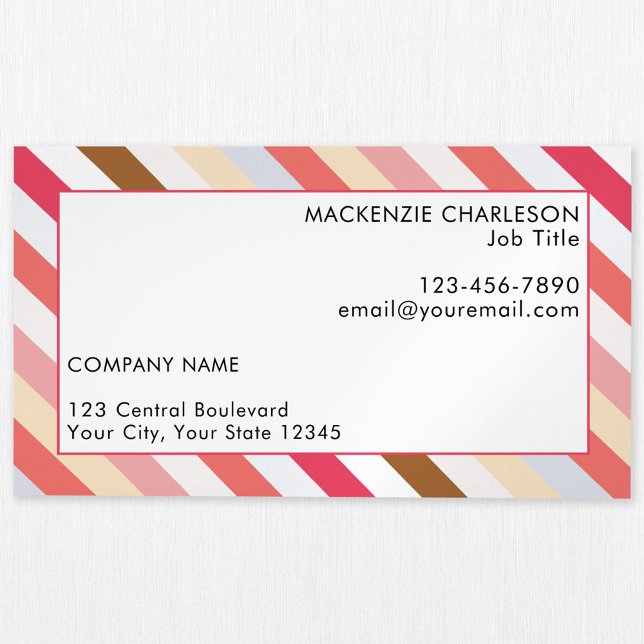 Diagonal Stripe Warm Toned Modern Magnetic Business Card (Candy striped muted warm toned custom business card magnet)
