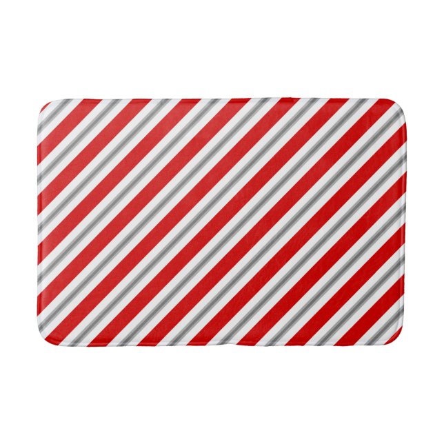 Diagonal stripes - deep red white and grey / grey bath mat (Front)