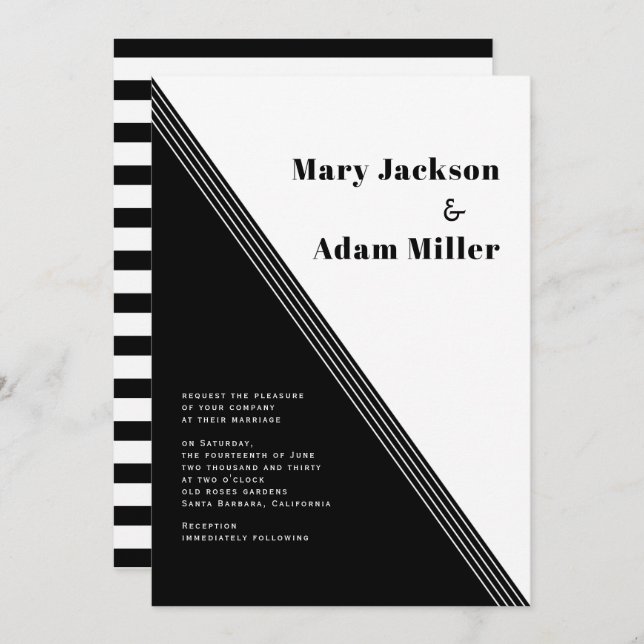 Diagonal stripes, triangles black white wedding invitation (Front/Back)