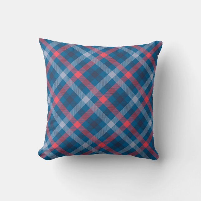 Diagonal Tartan Plaid Blue Pink  Cushion (Front)